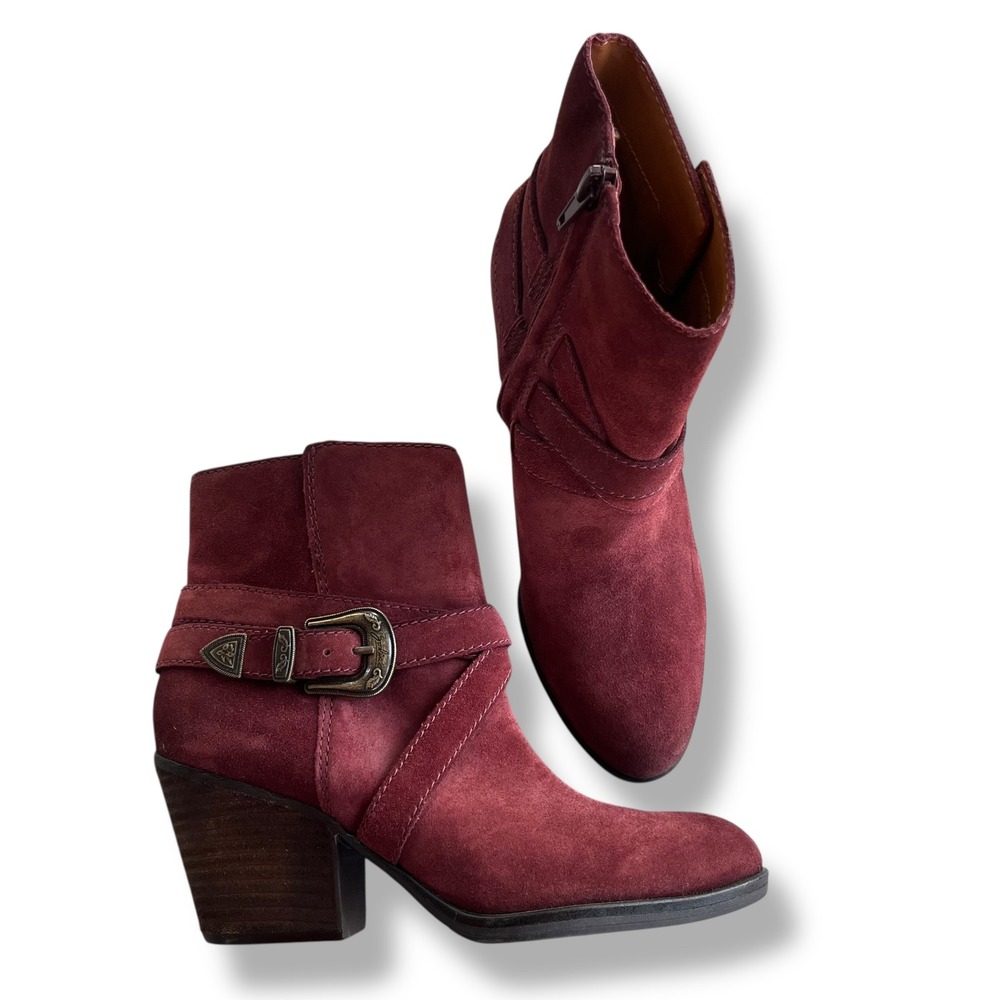 Zodiac Womens 7 Wine Burgundy  Suede Leather Buckle Sammi Ankle Boots Block Heel